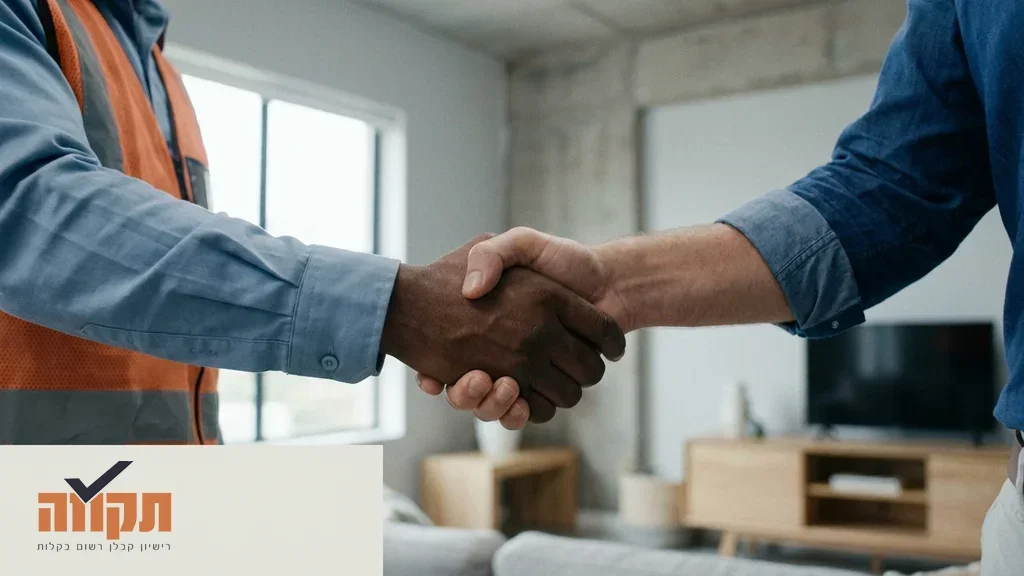 נוצר על ידי מודל בינה מלאכותית Gemini Pro לחיצת יד בין קבלן רשום ללקוח לאחר חתימה על חוזה